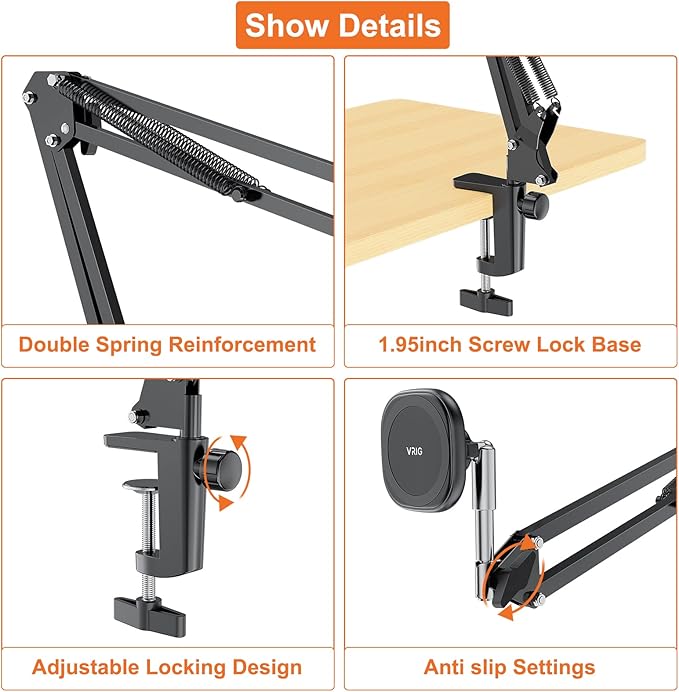VRIG Overhead Phone Mount Stand for Bed with Magsafe, Articulating Arm Cell Phone Holder for Desk, Cell Phone Holder for Live Streams, Zoom Calls, Online Teaching, Selfies, Remote Working