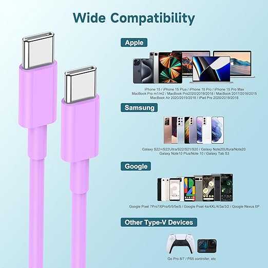 60W USB C to C Cable [3Pack] iPhone 17Air 16e 15 Fast Charging Cable,6ft Long USB-C to USBC Power Cord for iPhone 17/16/15 Pro Plus Pro Max, MacBook Pro Air/IPad/iPad Pro 12.9/11,AirPods 4(Purple)
