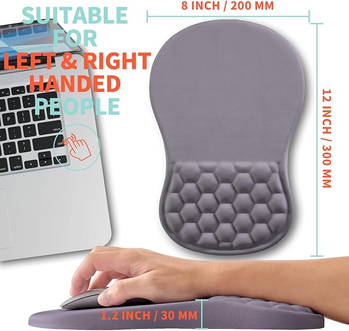 Kuosgm Ergonomic Mouse Pad Wrist Support with Memory Foam Massage Bulge, Carpal Tunnel Pain Relief Mousepad Wrist Rest for Mouse(12x8 inch, Silver Gray Light Purple)