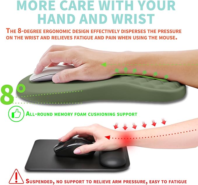 Kuosgm Ergonomic Mouse Pad Wrist Support with Memory Foam Massage Bulge, Carpal Tunnel Pain Relief Mousepad Wrist Rest for Mouse(12x8 inch,Olive Green)