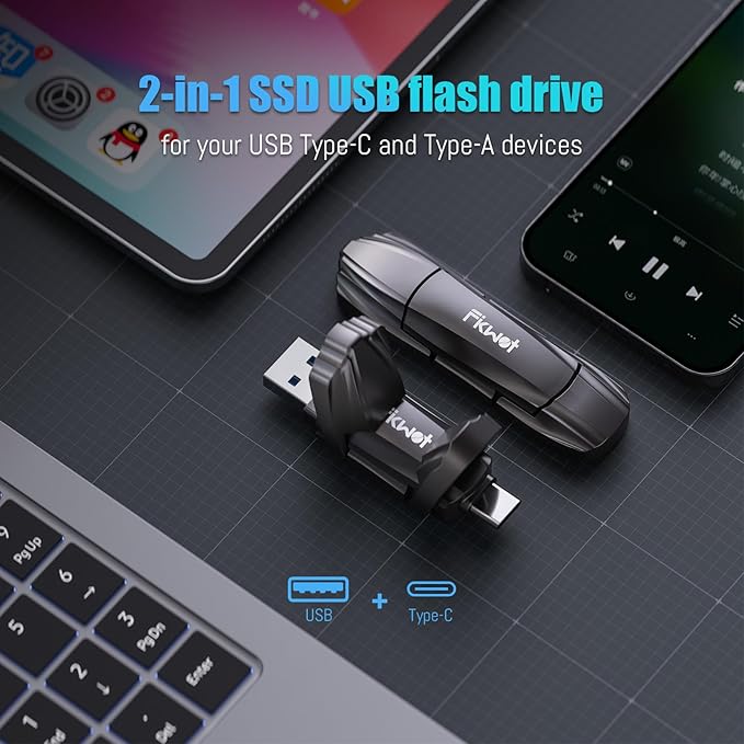 Fikwot External SSD USB Flash Drive 1TB, Up to 550MB/s 2-in-1 Type C+ USB A USB3.2 Gen2 Solid State Thumb Drive SSD Stick for iPhone 15/16/Android/Windows/Mac/PC/Laptops