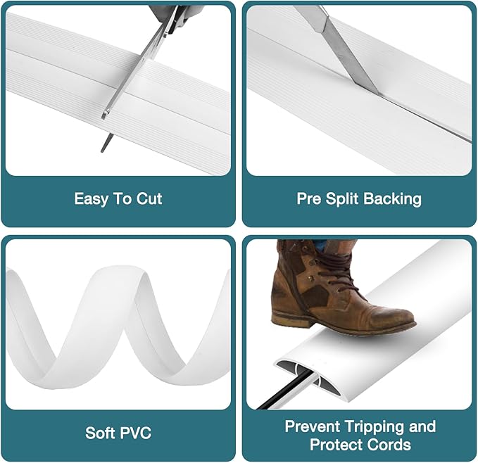 Floor Cord Cover, Cable Protector, 0.63W x 0.31H inches, Wire Cover for Extension Cords, Floor Cable Covers Prevent Cable Trips (White, 50-3.3 Feet)