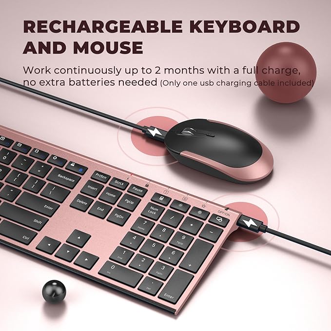 Wireless Keyboard Mouse, Vssoplor Silent Full-Size Rechargeable Combo Set Slim Design for PC, Laptop, Desktop-Black and Rose Gold