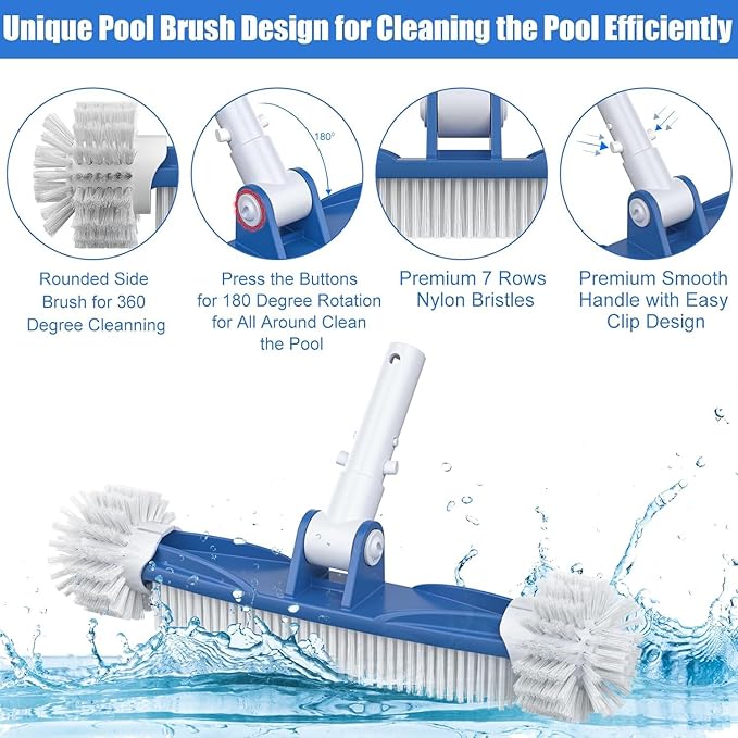 CKE Swimming Pool Cleaning Kit, Including Telescoping Swimming Pool Pole, 18.5" Rotatable Pool Brush Head, Fine Mesh Leaf Skimmer Net, 2-in-1 Pool Skimmer Net for Inground & Above Ground Pools