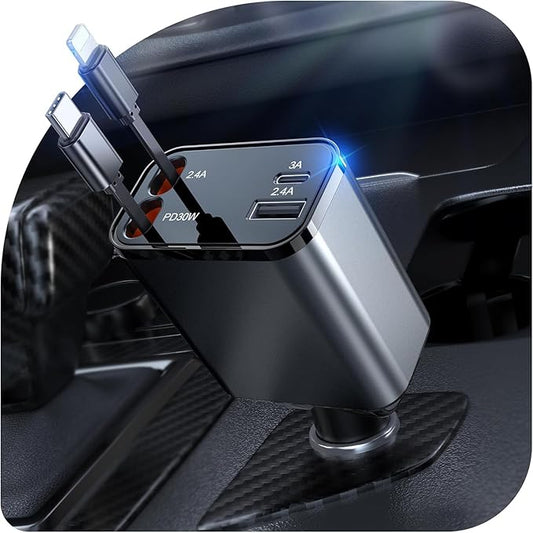 2026 Updated 85W Retractable Car Charger, 4-in-1 Fast Car Phone Charger with 2.6ft Two Retractable Cables and USB C+USB A Car Charging Block Cube, Compatible with iPhone 13 14 15 16 17 Pro Max, Plus