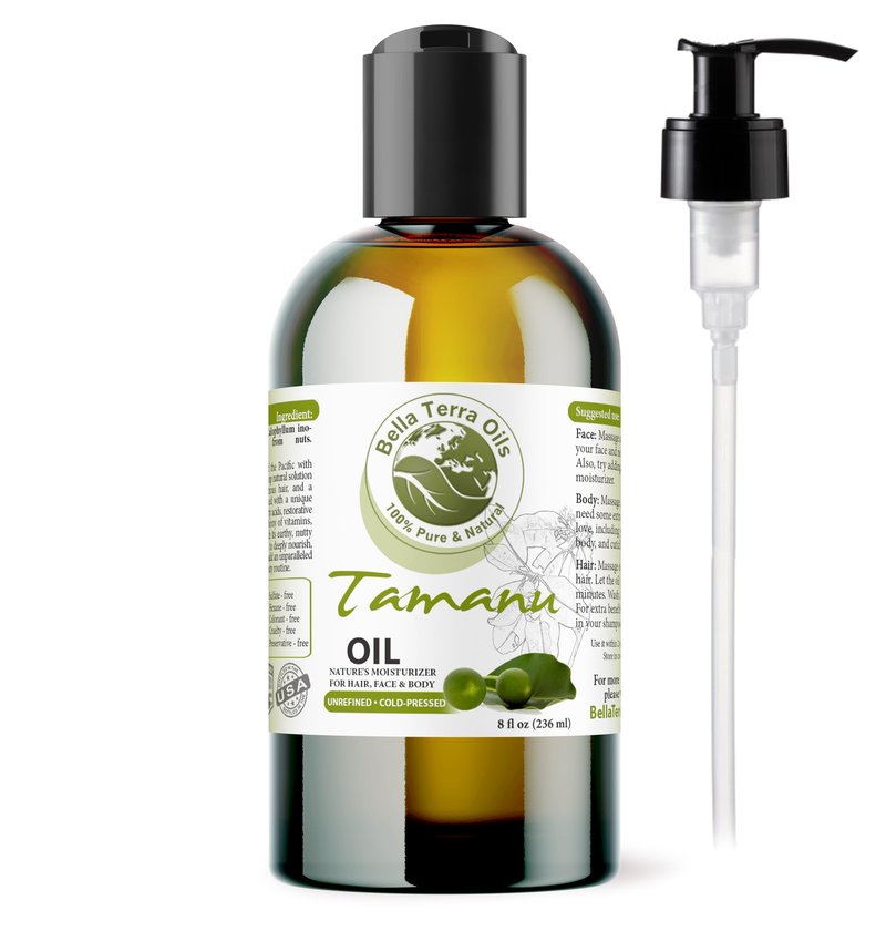 Bella Terra Oils - Natural Tamanu Oil 8 oz - Treasure Chest of Skin Nourishment, High in Vitamin E & Fatty Acids, Enhance Your Skin's Natural Glow