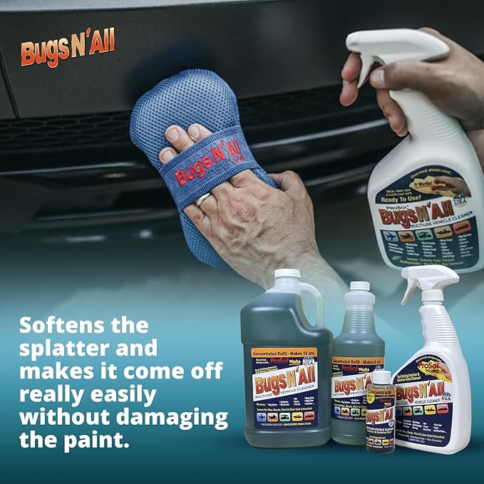 Bugs Nâ All Multipurpose Car Cleaner & Degreaser - Bug & Tar Remover Concentrate 1 Gallon - Exterior Cleaner Safe for Car Paint, Metal, Chrome, Aluminum, Windows & Mirrors - w/Free 32 oz Spray Bottle