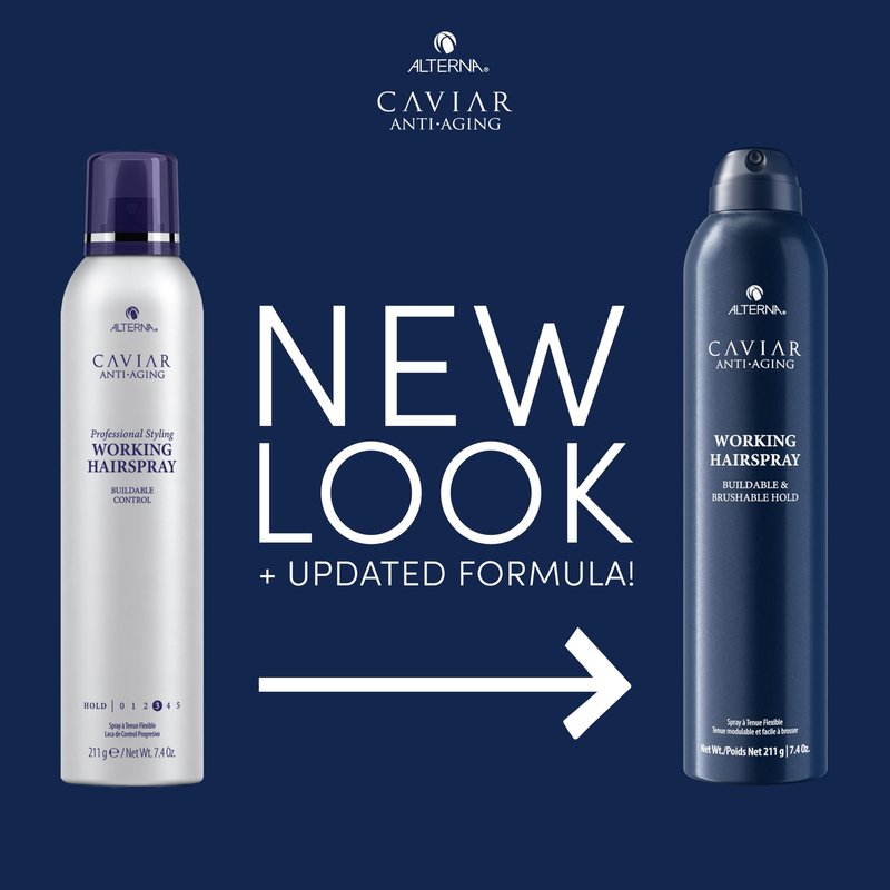 Alterna Caviar Working Hairspray | Buildable, Brushable Hold | Helps Control Frizz & Adds Shine | Sulfate Free, 7.4 Fl Oz (Packaging May Vary)