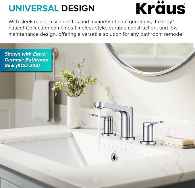 KRAUS Indy Widespread Bathroom Faucet in Chrome with 2 Handles, Pop Up Drain and Supply Lines, FUS-14103CH