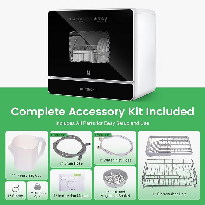 BLITZHOME Countertop Portable Dishwasher, 9 Programs, 167℉ High-Temp, 360° 3 Spray, 24H Timing, Hot Air Drying, Air Refresh, Baby-Care, LED Light, 5.2L Built-in Water Tank for Apartments RVs