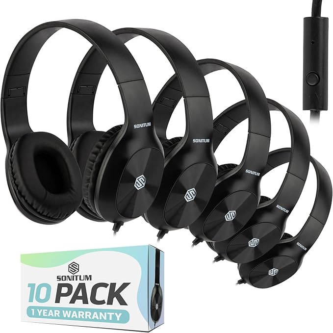 Sonitum Classroom Headphones-Bulk 10-Pack, with Microphone Student On Ear Comfy Swivel Earphones for Library, School, Airplane, Kids-for Online Learning and Travel, HQ Stereo Sound 3.5mm Jack (Black)