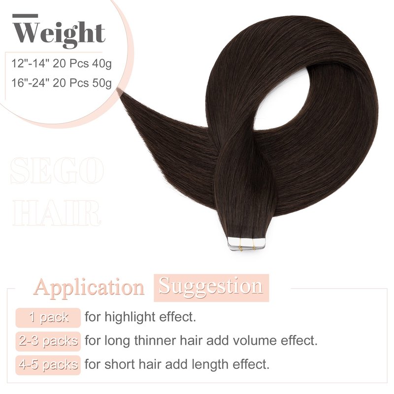 SEGO Tape In Hair Extensions Human Hair, 20pcs 40g 14 Inch Dark Brown Remy Straight Human Hair Tape In Extensions for Women -#02 Dark Brown