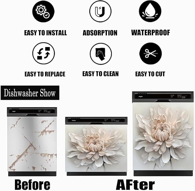 White Floral Magnetic Dishwasher Cover 23x26 | Reusable Appliance Skin for Dishwasher, Fridge, Washer | No-Residue Vinyl, Renters-Friendly, Scratch Hider | Housewarming