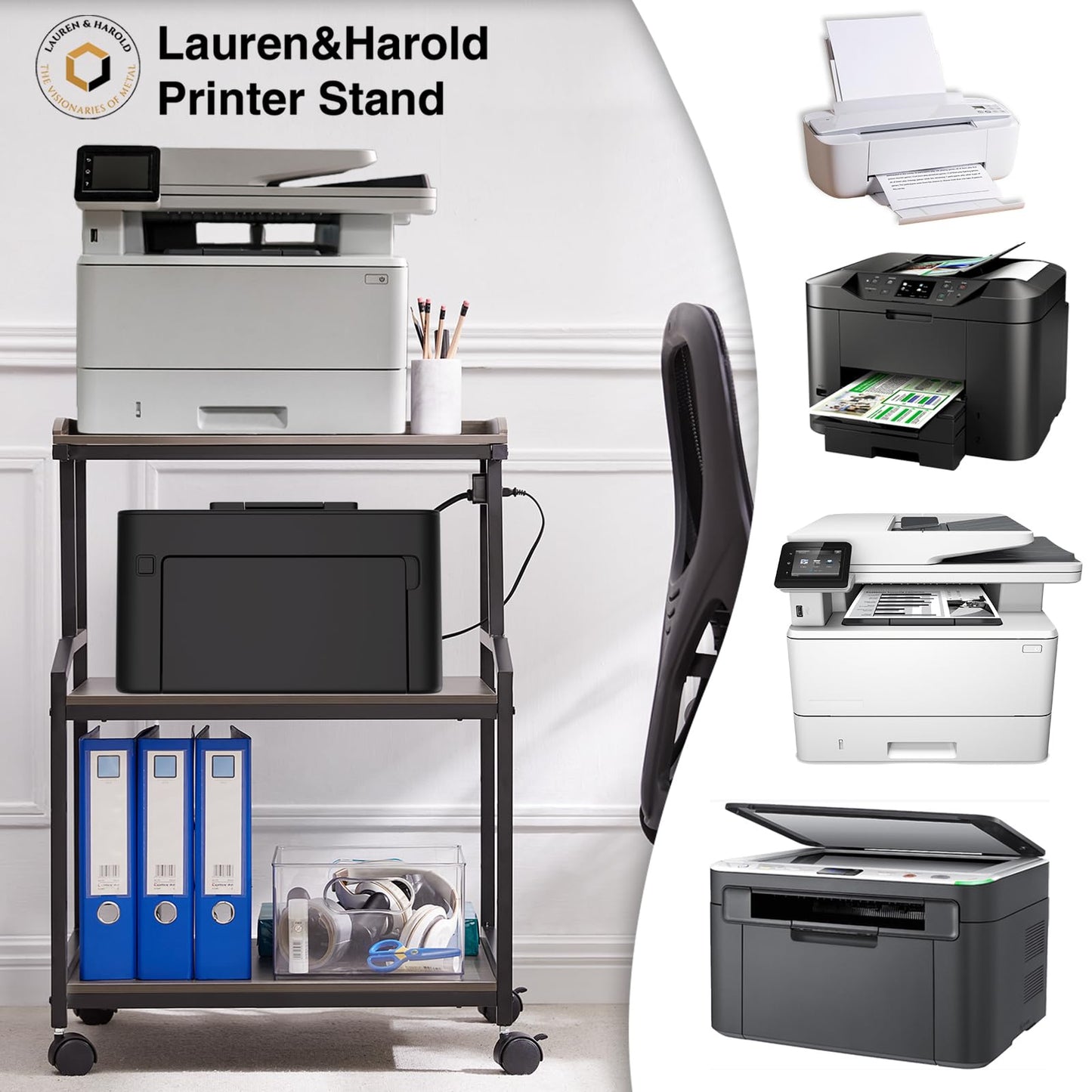 Lauren&Harold 34'' Printer Stand with Power Outlets & USB Ports, 3-Tier Adjustable Rolling Cart, Heavy Duty 150LBS Storage Table with Wheels for Office, Kitchen, Living Room, Grey/Black