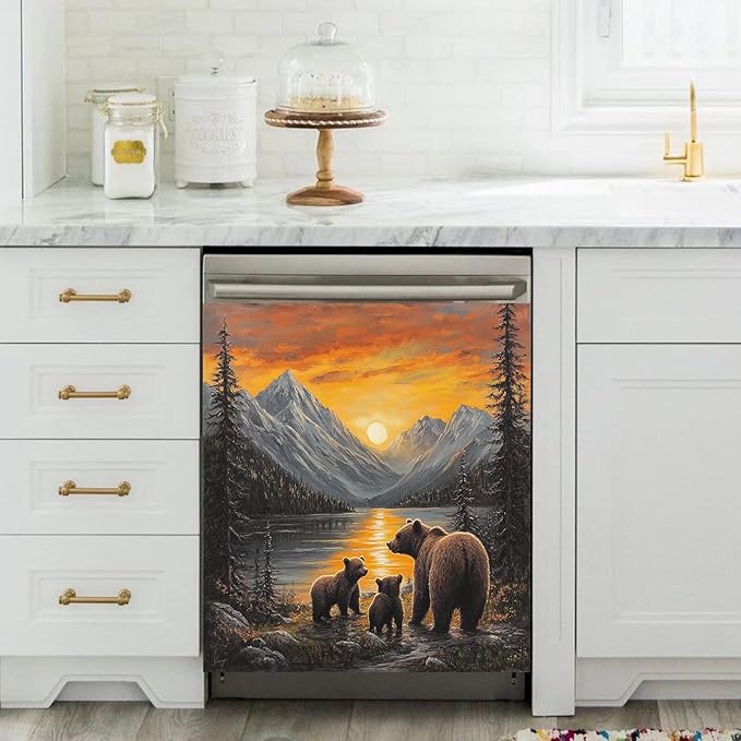 Lake Sunset Reflection Brown Bear Dishwasher Magnet Cover, Creative Kitchen Appliances Panel Decorate Refrigerator Front Door Magnets Decals 23" W x 26" H