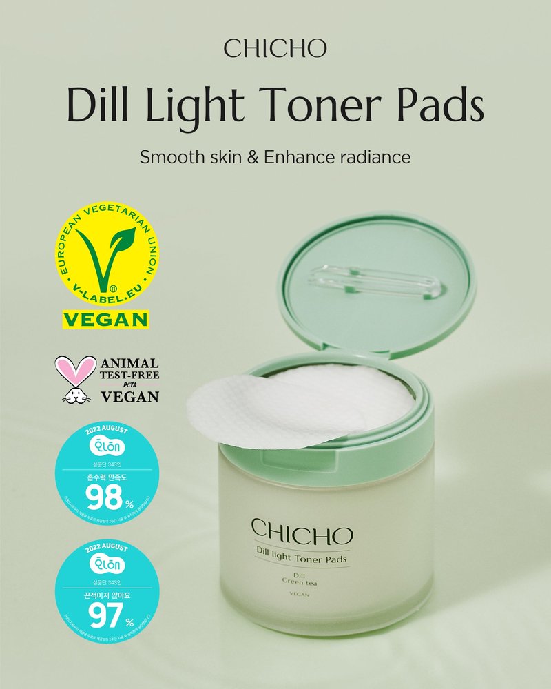 CHICHO Dill Light Toner Pads (80 Pads) – Jumbo 7cm OEKO-TEX Standard 100 Class I 100% Cotton Dual-Sided Pads for Rough Texture & Makeup Prep – 82.9% Dill Extract, Face Exfoliating and Moisturizing