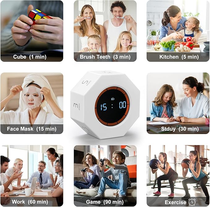 Kaflin Small Rechargeable Pomodoro Timer, Gravity Sensor Auto-Rotating 7 Preset Times (1/3/5/15/30/60/90 min) & Count Up Mode, Digital Kitchen Timers for Cooking, Work and Study (Pearl White)