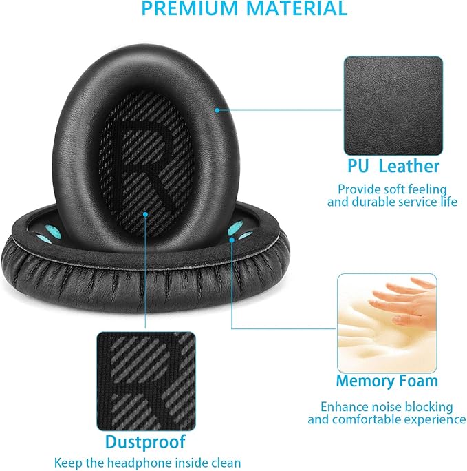 HZTCAM Professional Replacement Ear Pads for Bose QuietComfort 35 QC15 QC25 QC2 QC35/ Ae2 Ae2i Ae2w SoundTrue & SoundLink Over-Ear/Around-Ear Headphones/Soft Protein Leather (Black)