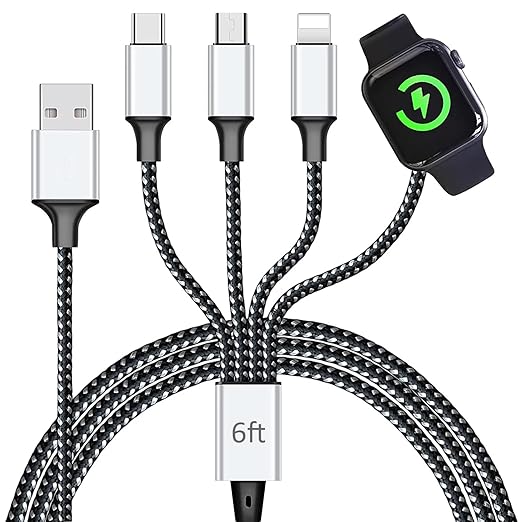 TOP-UP Multi Charging Cable for Apple Watch Charger (6FT) – 4 in 1 Braided Cord for Multiple Devices, USB C/Micro/Multi Charger Compatible with iWatch Series 11–1, iPhone 17/16/15/14, iPad
