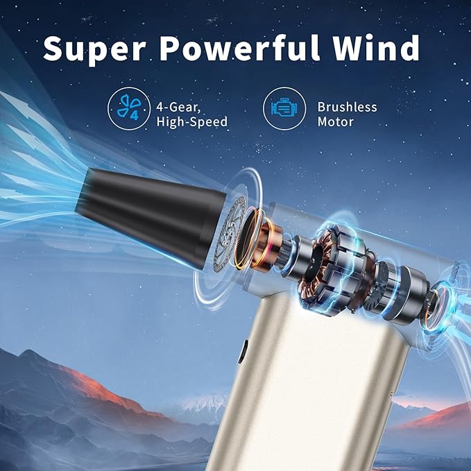 Rckskaya Compressed Air Duster, 300000RPM Aluminum Electric Air Duster, Rechargeable Cell Phone Charger, 4-Gear Handheld Blower Vacuum Cordless, Dust Blower for Keyboard/Computer/House/Outdoor and Car