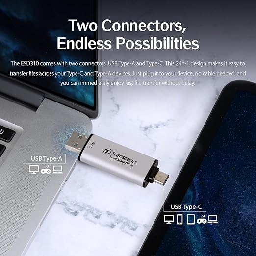 Transcend ESD310 1TB External SSD, Up to 1,050MB/s, Dual USB Drive for iPhone17,16,15, iPad&Mac/Pixel10/Tesla/Steam Deck/ROG Ally/MSI Claw/Android/PS5, 2-in-1 TypeC &A, USB3.2Gen2 Portable SSD-Silver