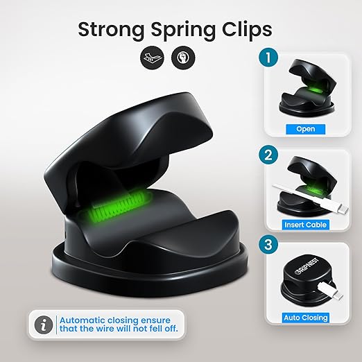Cord Organizer [Fast Lock] 6 Pack GRIPNEST Black Cable Management [Easy Grip] Cord Holder Clips, Adjustable Strong Adhesive Wire Holders for Cords, Desk, Office, Home, Car, or Nightstand.