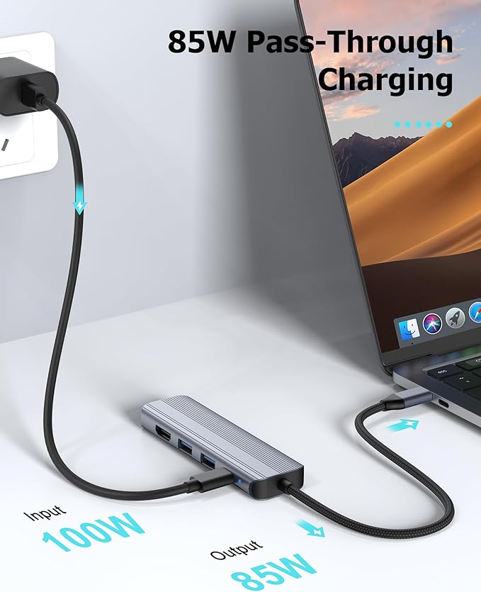 Glomtheia USB C Hub Ethernet HDMI Multiport Adapter for MacBook Pro/Air, iPad, Laptop Dock with 5Gbps USB A/C, 1Gbps RJ45 Gigabit Ethernet, 4K 30Hz HDMI, 100W Pass Through Charging