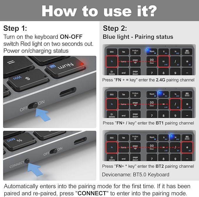 MOFII Number Pad for Laptop - Bluetooth Gray Wireless Numeric Keypad 35 Keys USB-C Rechargeable Numpad, Accounting Portable Financial Data 10 Key for Laptop/PC/Desktop/Notebook/Surface Pro