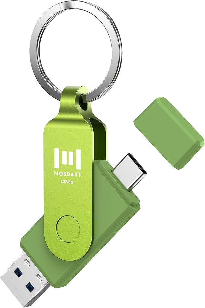 MOSDART 128GB USB C 3.2 Fast Speed C and A Dual Flash Drive, exFAT Memory Stick with Keychain and LED Indicator, for iPhone 15,16, 17, Android Phone, iPad, MacBook, and Other Laptops, Green