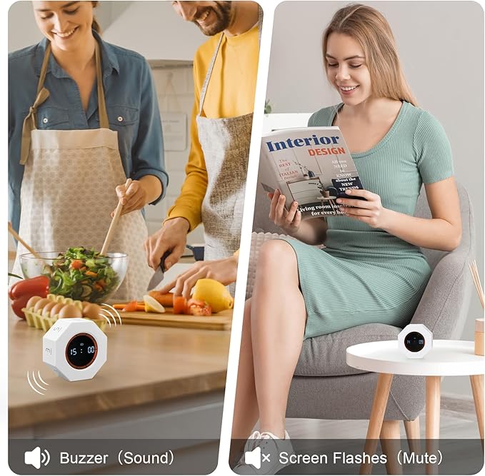 Kaflin Small Rechargeable Pomodoro Timer, Gravity Sensor Auto-Rotating 7 Preset Times (1/3/5/15/30/60/90 min) & Count Up Mode, Digital Kitchen Timers for Cooking, Work and Study (Pearl White)