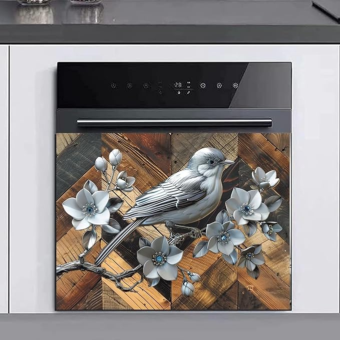 Stainless Steel Bird Flowers Dishwasher Magnet Cover for Home Appliances, Vintage Wood Grain Magnet Refrigerator Panel Decal, Silver Metal Bird Magnetic Dishwasher Sticker 23" W x 17" H