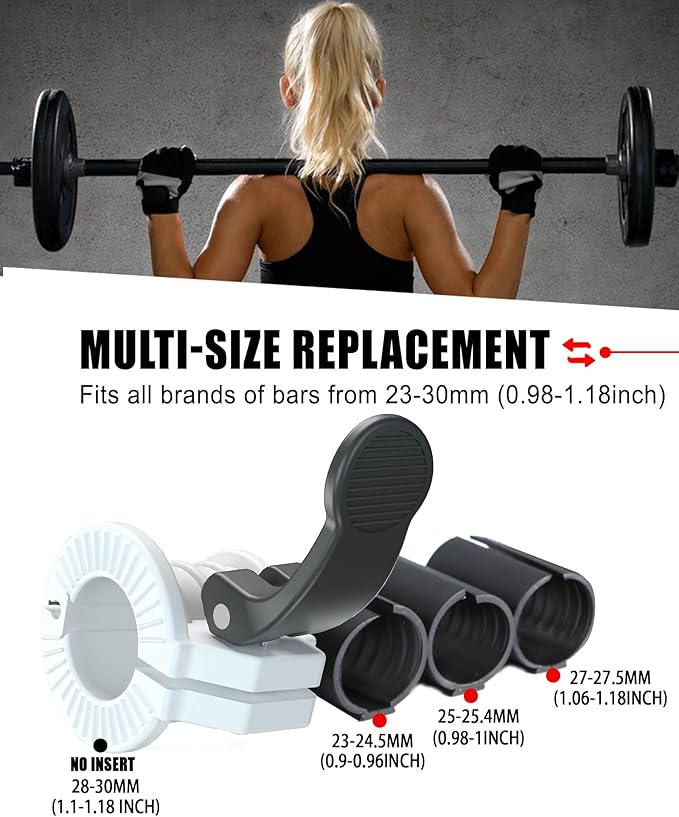 ZY-HUAN Barbell Clips 1 inch Barbell Clamps 0.9-1.18inch Quick Release Weight Clips for Bars Multi-Size Adjustable Olympic Barbell Clamps (Black + White)