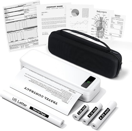 Portable Printers Wireless for Travel, A285M Bluetooth Inkless Thermal Printer, Support 8.5" X 11" US Letter & A4, Small Mobile Printer with Carry Case and 4 Rolls Thermal Paper, for Home Car Receipt