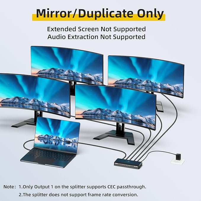 8K HDMI Splitter 1 in 4 Out (Mirror Only) – HDMI 2.1 8K@60Hz, 4K@240Hz DSC, 4K@120Hz, Auto Downscaling, 48Gbps, HDCP 2.3, Duplicate Screens for Multiple Monitors, TV, PS5, Xbox