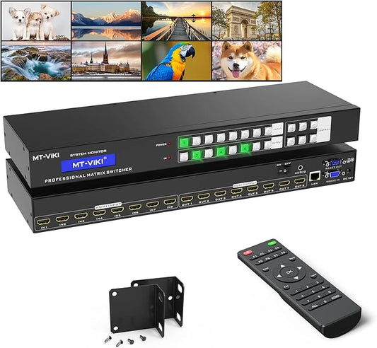 MT-VIKI 4K HDMI Matrix Switch 8X8 w/Web GUI & Audio Extraction w/Remote, 4K@30Hz, Rack Mount Switcher & Splitter, EDID, RS232, LAN Port, APP, Fit 1U 19'' Rack for Conference Room, Church, Bar