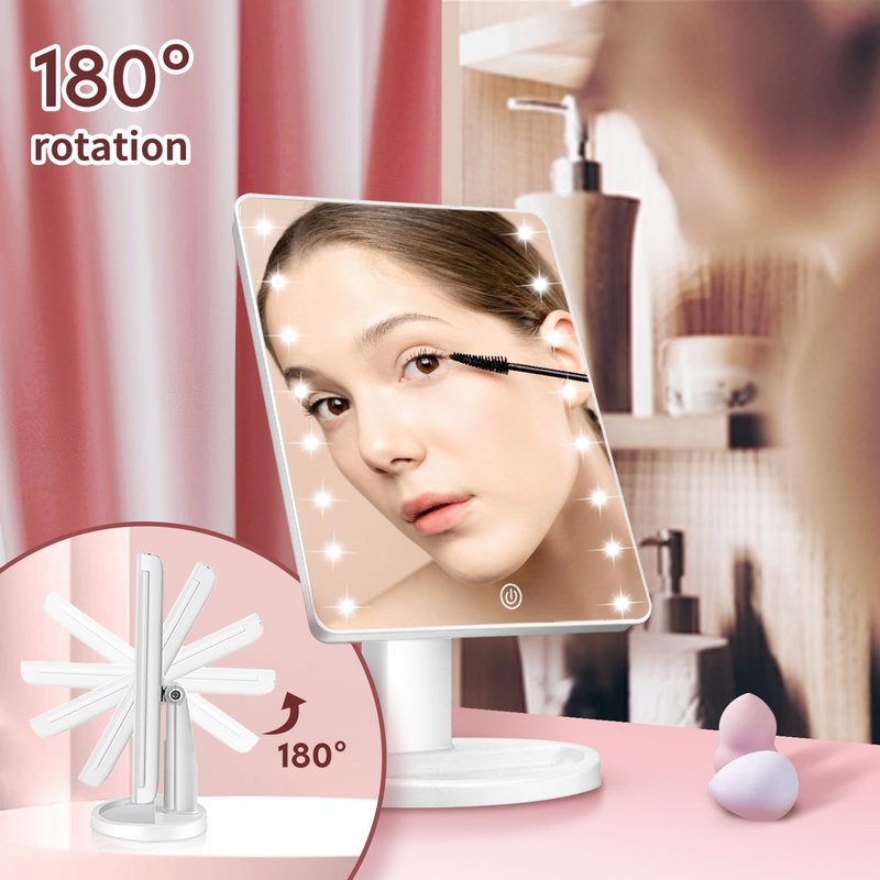 Lighted Makeup Mirror - 16 LED Lights, 180° Rotation | Touch Screen Brightness Adjustment, USB Powered (White)