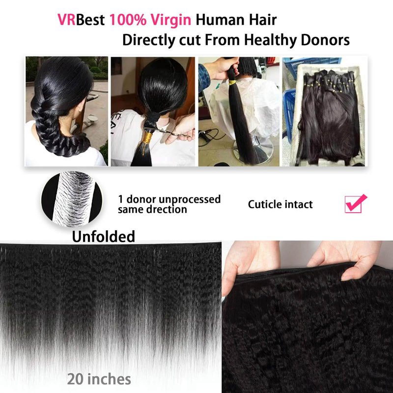 Kinky Straight Bundles Human Hair Yaki Straight Bundles 100% Unprocessed Brazilian Virgin Remy Hair for Black Women Natural Black Color (16 inch)