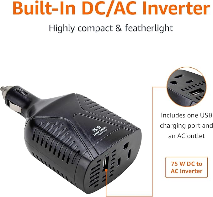 Amazon Basics 75W Portable Car Power Inverter, 12V to 110V, USB Charging Port, AC Outlet for Vehicles, Black, 5.07 x 2.65 x 1.6 inches