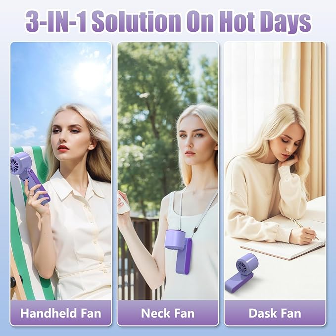 Koucen Portable Handheld Fan Rechargeable 100 Speeds Turbo Ice Cooling Personal Mini Fan Small Foldable 3-IN-1 for Neck/Desk/Hand, Travel Essentials Gifts for Women Men/Violet