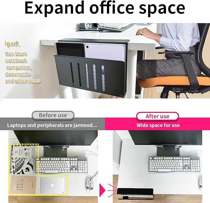 Xapypy Desk Side Storage, Under Desk Storage, No Drill Steel Hanging Desk Organizer, Laptop Holder, Desk Storage Holder for Office & Home.(Black)