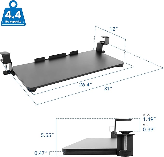 Mount-It! Clamp-On Under Desk Keyboard Tray, No-Drill Slide-Out Keyboard & Mouse Platform, 26.4" W × 11.8" D, Adjustable Ergonomic Keyboard Drawer, Fits Desks up to 1.5" Thick
