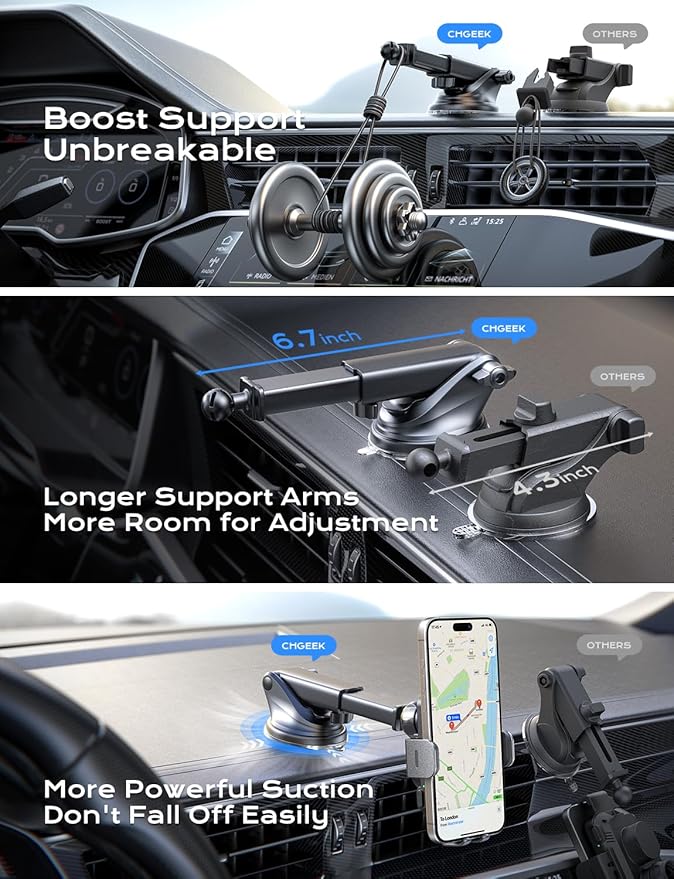 CHGeek Wireless Car Charger, 15W Fast Charging Auto Clamping Phone Holders for Your Car Phone Mount fit for iPhone 17 16 15 14 13 12 Pro Max 11 XR XS, for Samsung Galaxy S25 Ultra S24 S23, Black