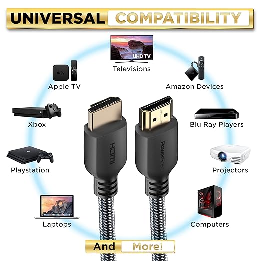 PowerBear 4K HDMI Cable 0.5 ft | Short Hdmi Cable, Braided Nylon & Gold Connectors, 4K @ 60Hz, Ultra HD, 2K, 1080P, ARC & CL3 Rated | for Laptop, Monitor, PS5, PS4, Xbox One, Fire TV, Apple TV & More