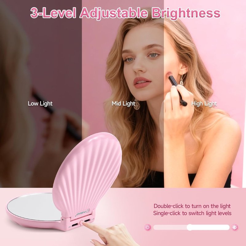 Compact Makeup Mirror with Lights - 2-Sided Folding Magnifying Mirror 3.5” | Lightweight & Shatterproof Gift for Women