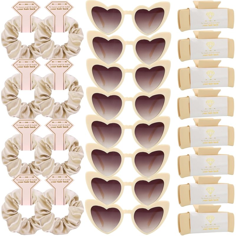 Bridesmaid Scrunchies Set - 12 Hair Claw Clips & Heart Sunglasses | Wedding & Bachelorette Party Favors (Champagne)