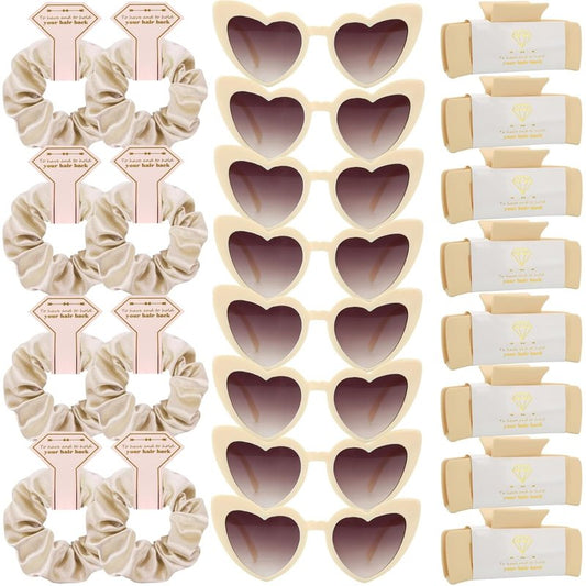 Bridesmaid Scrunchies Set - 12 Hair Claw Clips & Heart Sunglasses | Wedding & Bachelorette Party Favors (Champagne)