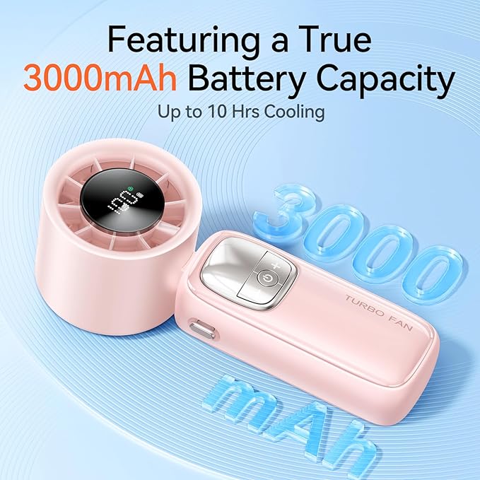 KIMMOO 3-in-1 Portable Handheld Turbo Fan-100 Speeds, 15000 RPM, 10Hrs Cooling, LED Display, 90° Rotation, Small Travel Fan, Mini Foldable Hand Held Personal Fan for Women Men (Pink)