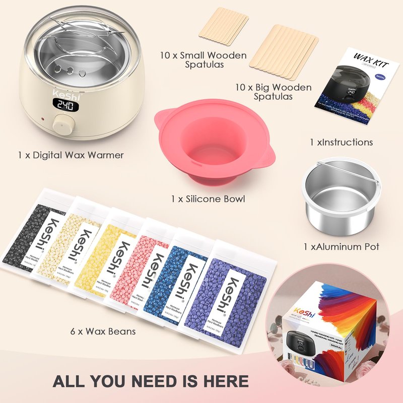 KeShi Waxing Kit for Women and Men, Digital Wax Warmer with 6 Bags Hard Wax Beads, at-Home Hair Removal Wax Kit for Full Body, Face, Eyebrow, Bikini, Legs, Brazilian & Sensitive Skin(Silky Cream)