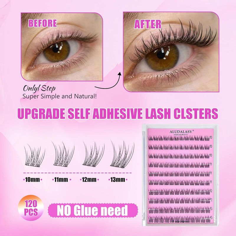 Self-Adhesive Eyelashes Kit - 120PCS Reusable No-Glue Wispy Lashes | 10-13mm C Curl with Tweezers & Remover
