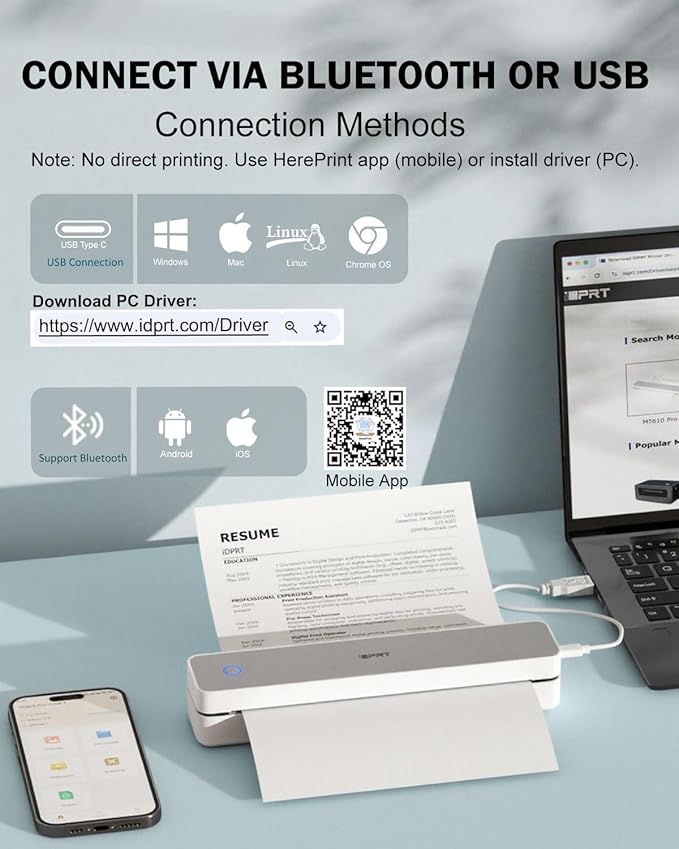 Inkless Portable Printer for Travel, Wireless Thermal Printer Supports 8.5 x 11" US Letter, A4, MT610Pro 300DPI Small Bluetooth Printers Compatible with iOS Android Laptop for Home Office Car, Grey
